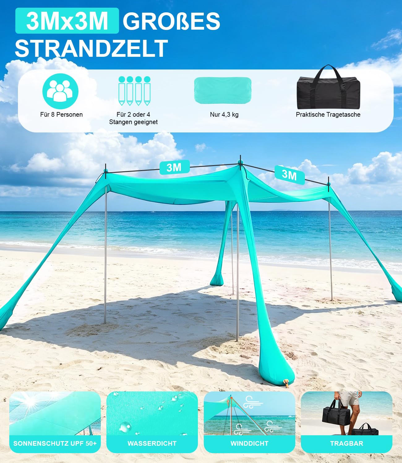 UPF50+ Strandzelt 3m x 3m Sonnenzelt mit Sandschaufel & Erdnägeln für Strand Camping Angeln