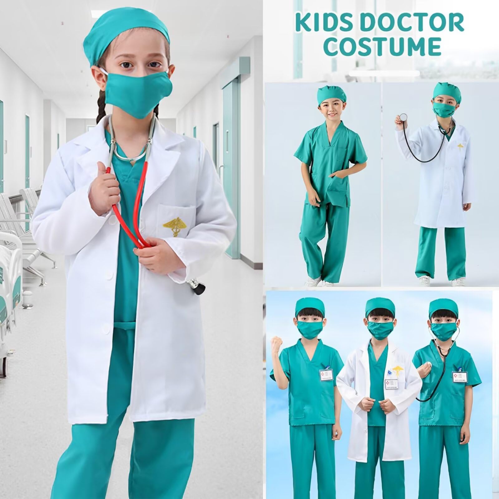 Costume da Dottore per Bambino Bambina Con Camice Dottore Scrub Stetoscopio Kit Dottore Chirurgo Medico Costume per Ragazzi Ragazze Gioco di Ruolo Carnevale Halloween Cosplay