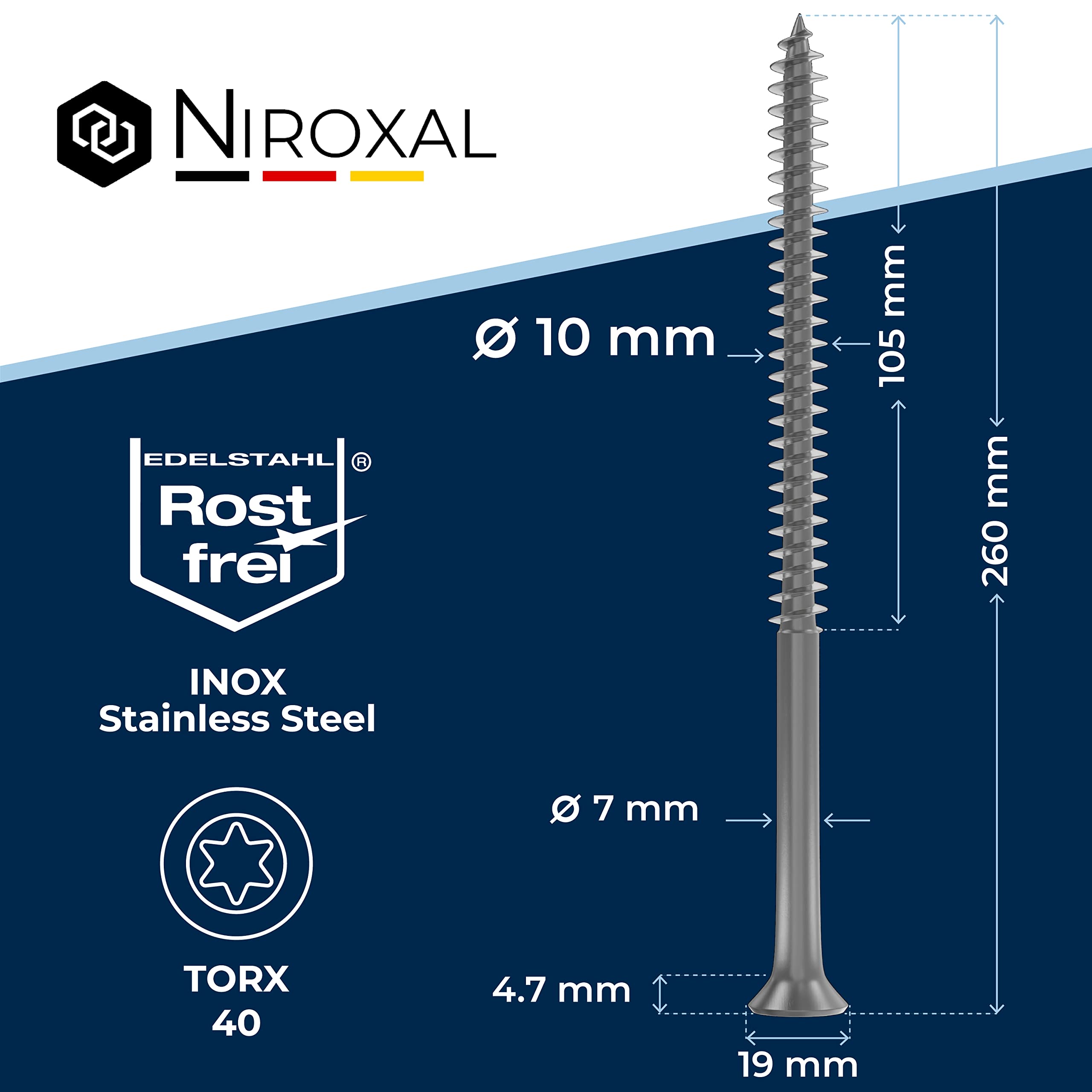 Wood Screws 10 x 260 mm TORX Countersunk Head Stainless Steel 304 Chipboard Screws Timber Screws Partial Thread Rustproof A2 1 Pack - Image 2