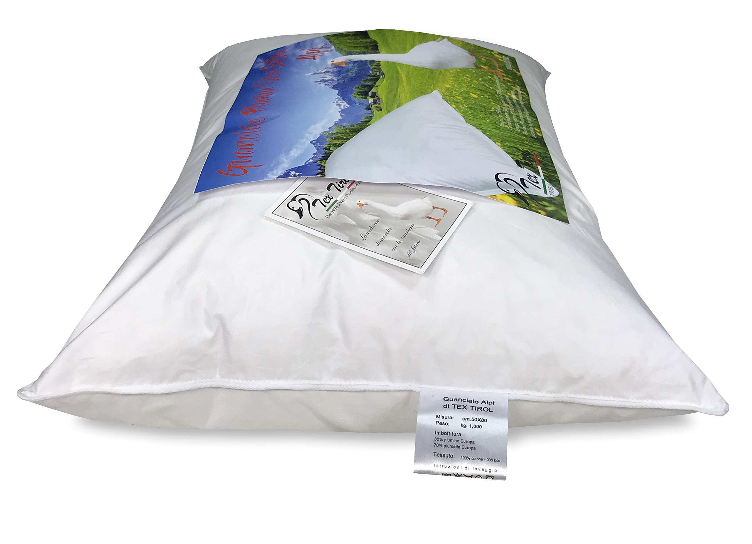 Tex Tirol Alpi - Guanciale Rettangolare Piuma Oca, Bianco, 50 x 80 cm, 1 pezzo