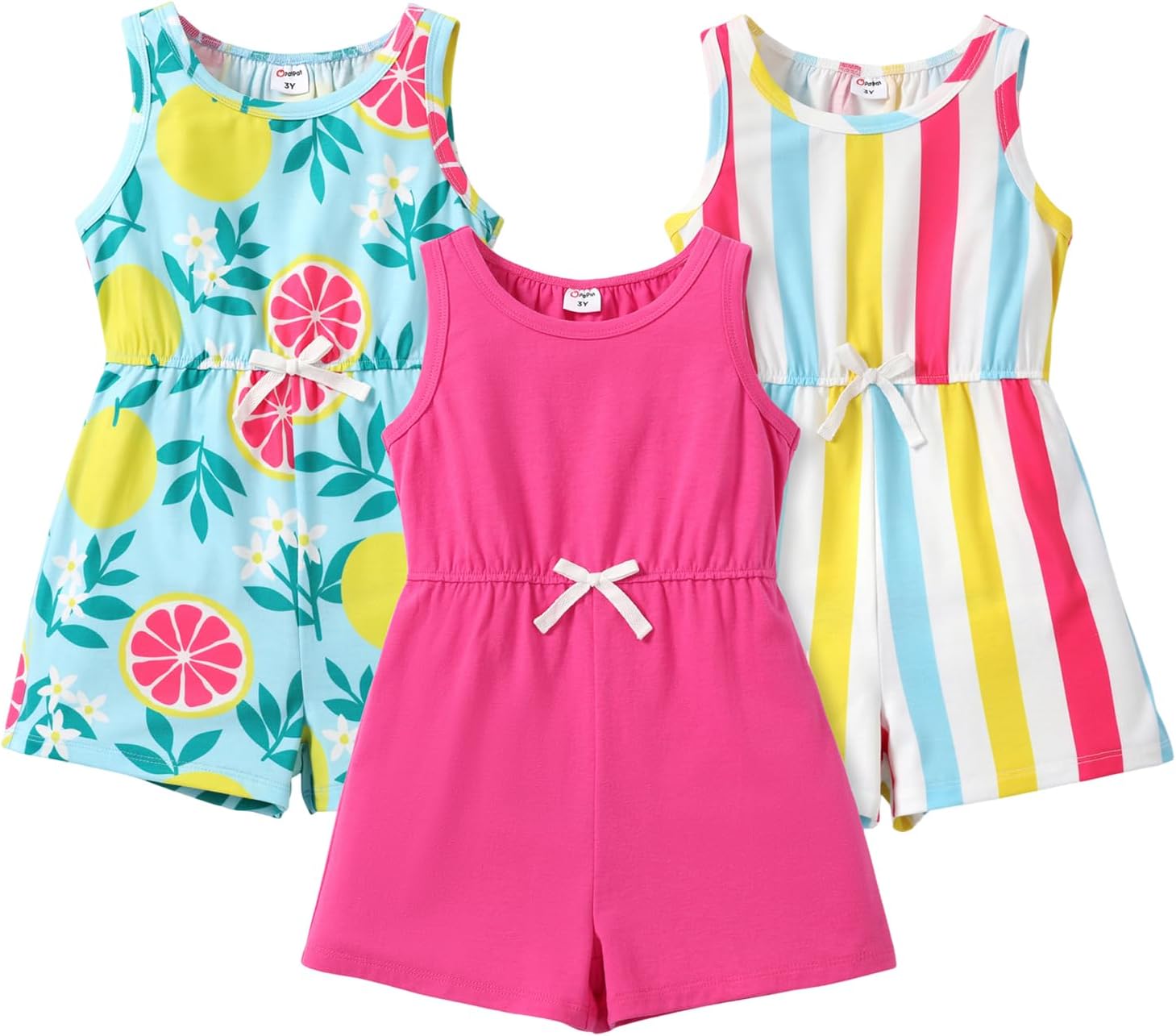 PATPAT Girls 3 Pack Rompers 3-12 Years Floral Summer Rompers Elastic Waist Sleeveless Jumpsuits Cute Outfits