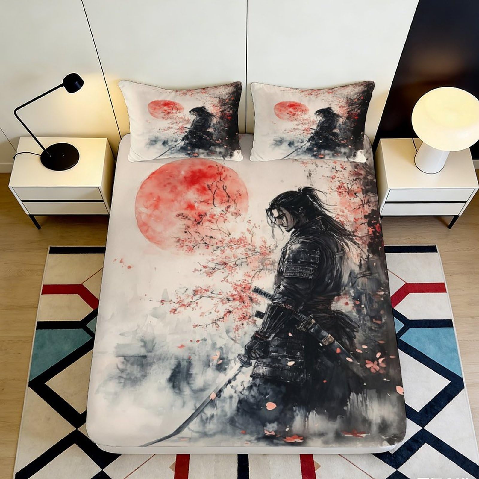 3D Printed Samurai Moon Fitted Sheet Microfiber Soft Breathable Cherry Blossom Bed Cover for Bedroom Dorm Decor 90x200x25cm