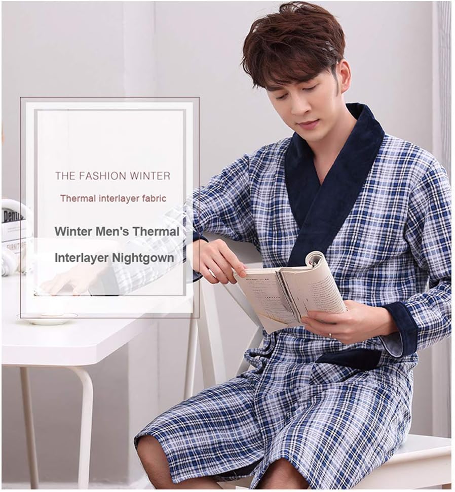 YYZKYTO Pajamas Men's Nightshirts Sleepwear Long-Sleeved Winter Sandwich Nightgown Warm and Comfortable Plus Size Bathrobe Dad Homewear,3-3XL