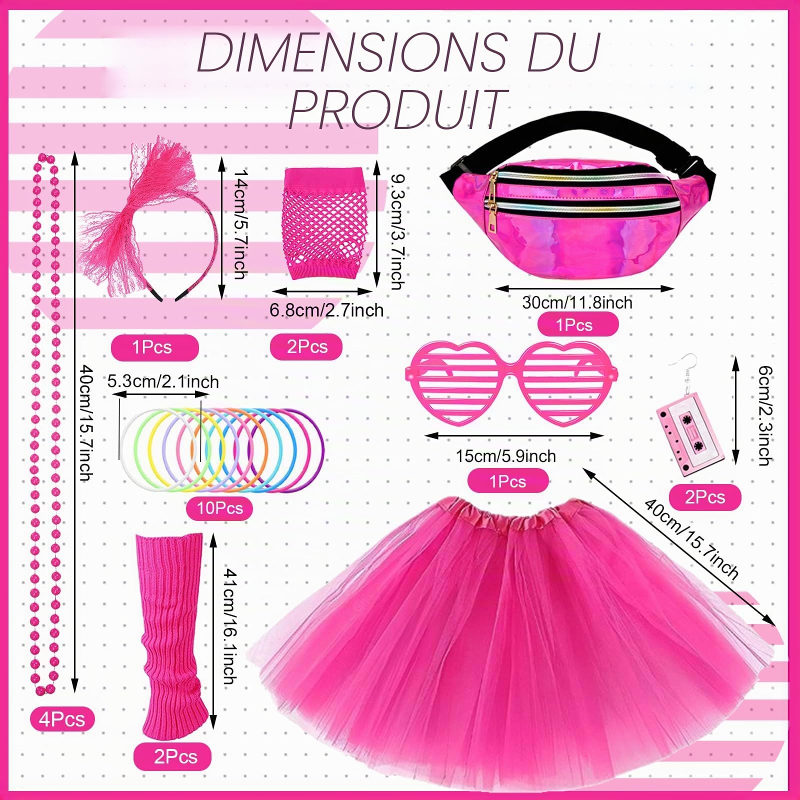 22Pièces Déguisement de Année 80 pour Femme, 80s Ensemble d'accessoires de Costume avec T-shirt Tutu Sac de Ceinture Gants Bandeau Lunettes Boucles Oreilles Collier pour Halloween Carnaval Thème Fête