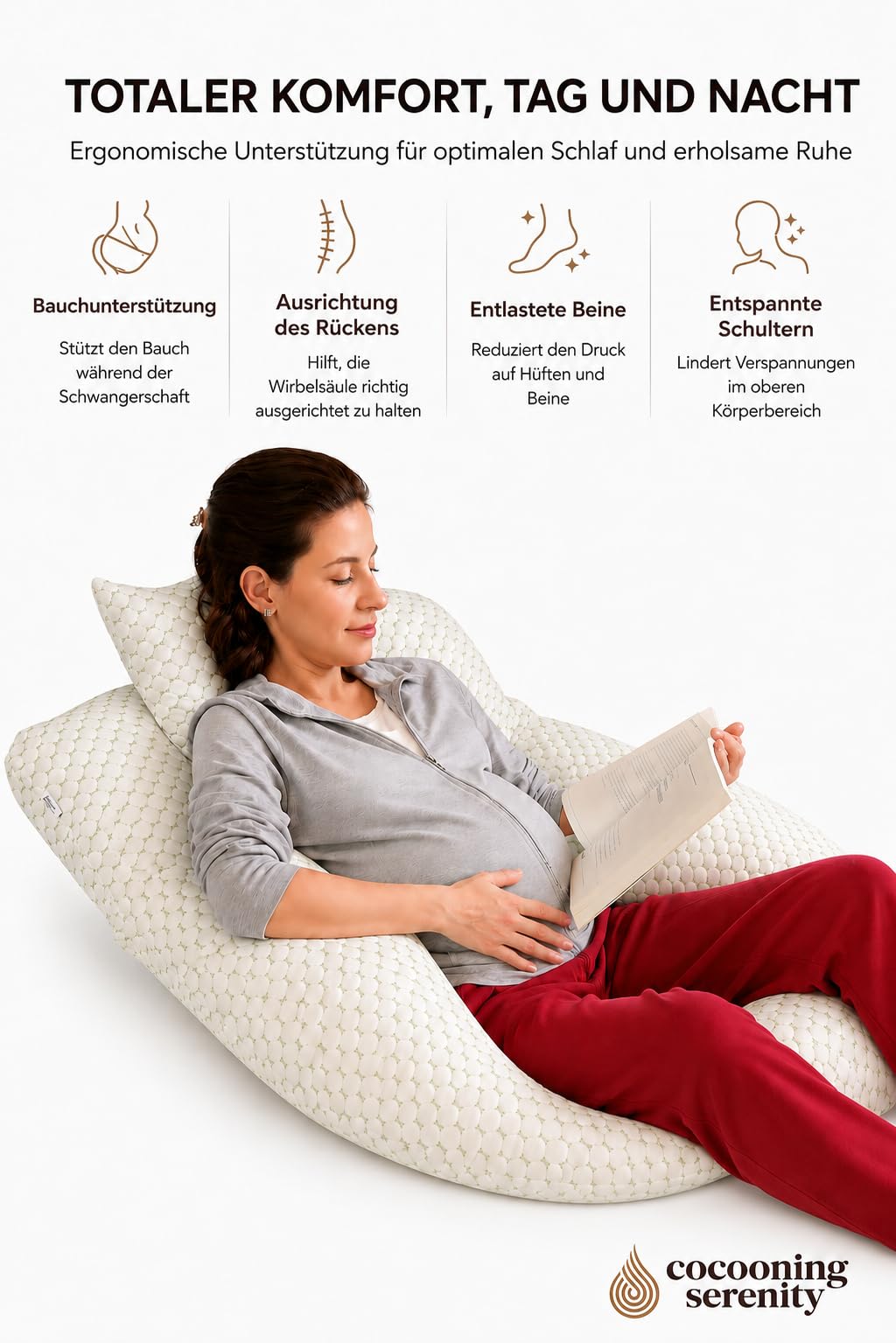 Schwangerschaftskissen XXL – Seitenschläferkissen für Schwangere – Ergonomisches Körperkissen für Bauch, Rücken und Beine – Stillkissen – Waschbarer Bezug – 180 cm