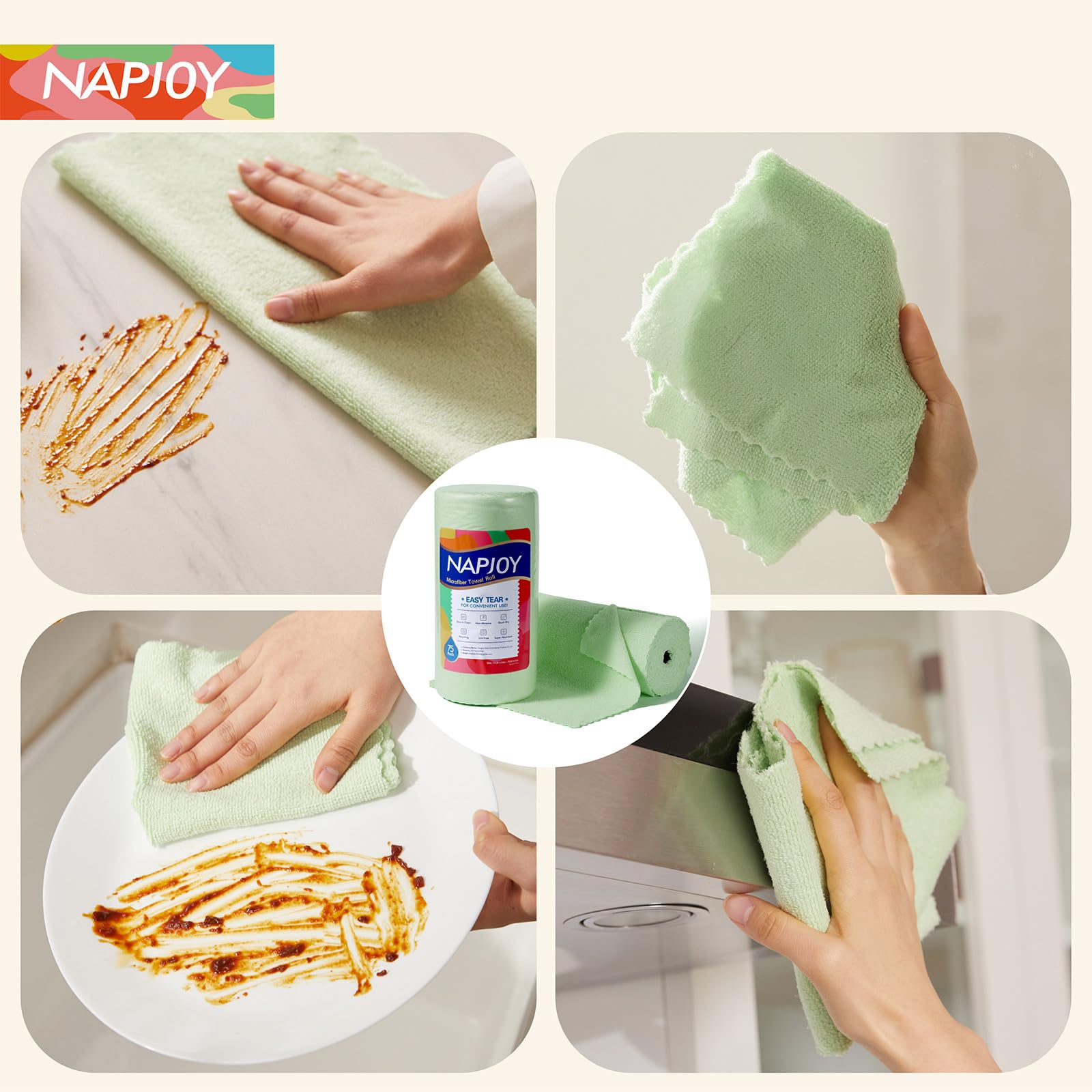 Napjoy Rollo de paño de limpieza de microfibra, toallas de papel reutilizables fáciles de quitar, paquete de 75 paños de microfibra ultra suaves para cocina, limpieza, ventana, coche, jardín, baño,
