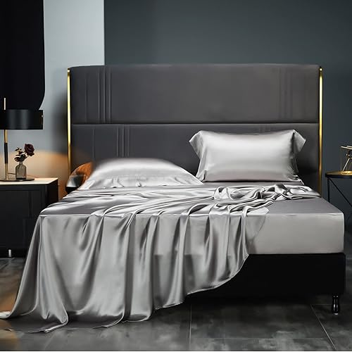 YOUR MOON Juego de sábanas de 4 piezas, 100% seda de morera, tamaño Queen, juego de sábanas de lujo de seda de morera de 25 momme, sábana bajera