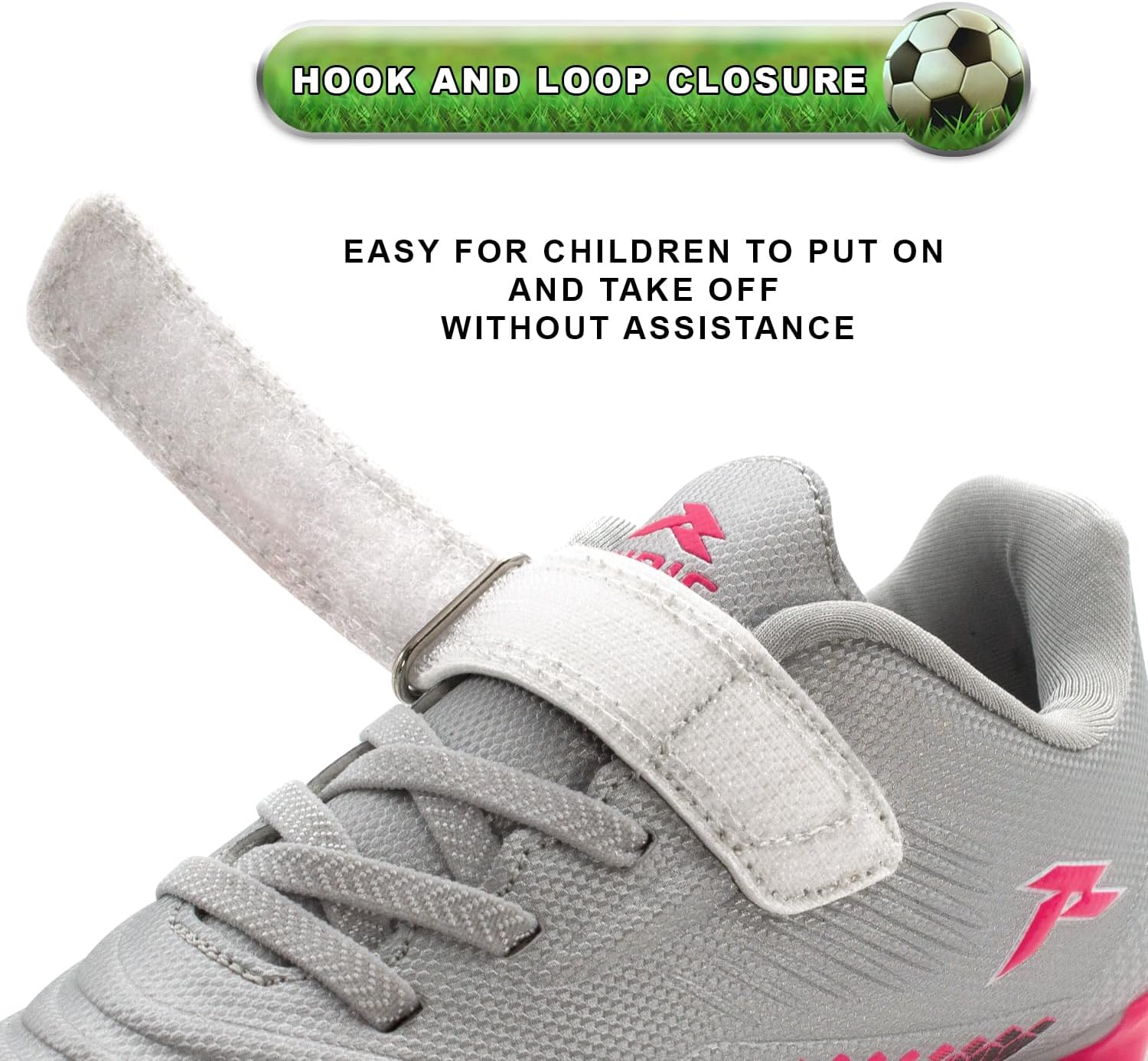 RUNIC Kids Soccer Cleats for Boys and Girls - Small and Big Kid Athletic Outdoor Football Shoes - Firm Ground - Hook and Loop Closure - Silver/Pink - 10