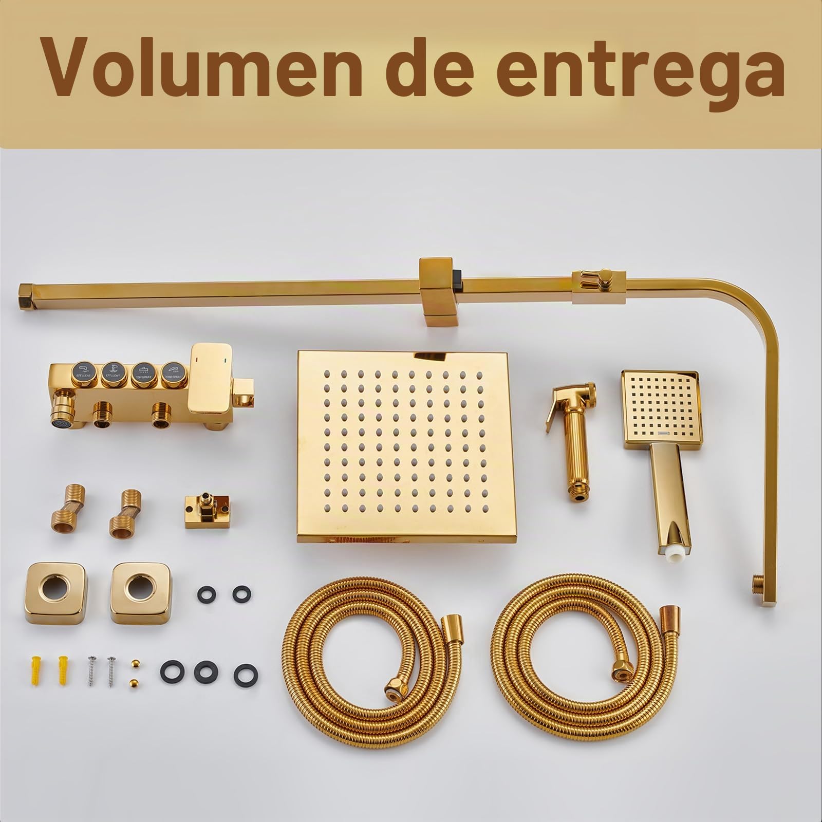 Columna Ducha, Columna de Ducha Oro Cepillado 4 in 1,Sistema de Ducha Latón | Conjunto de Ducha con Ducha de Techo de 225mm, Ducha de Mano, Grifo de Bañera y Ducha Higienica, Altura y Ángulo Ajustables