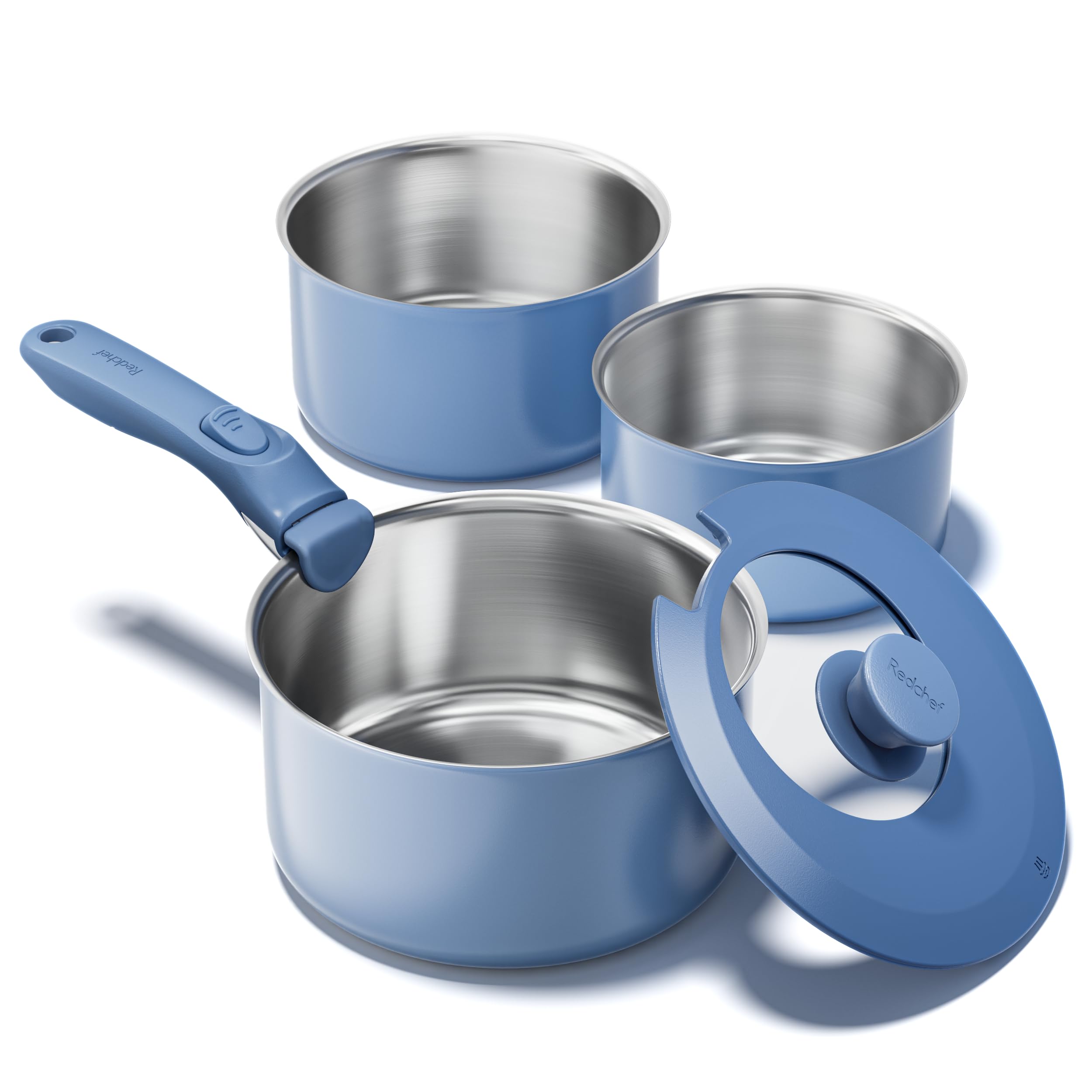 Redchef Set di pentole con manici rimovibili, 5 pezzi, in acciaio inox non rivestito, 16/18/20 cm e coperchio di chiusura 3 in 1, set di pentole a induzione per tutti i tipi di fornelli, adatte al