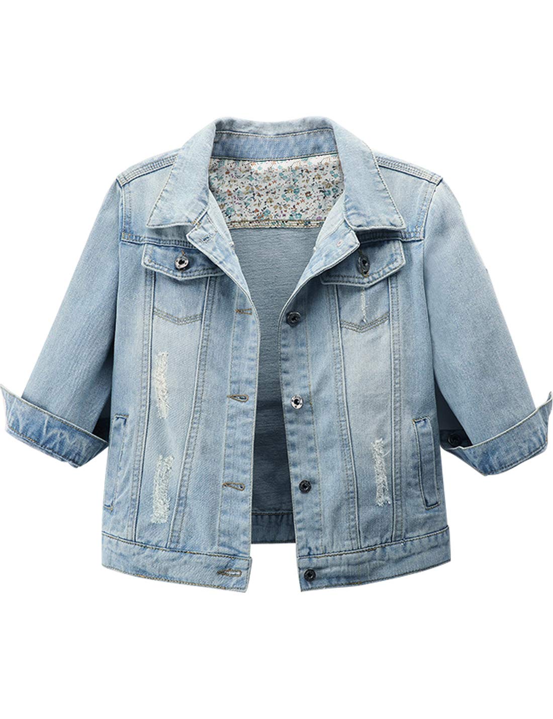 Women's 3/4 Sleeve Cropped Slim Distressed Denim Trucker Jacket Shrug Top