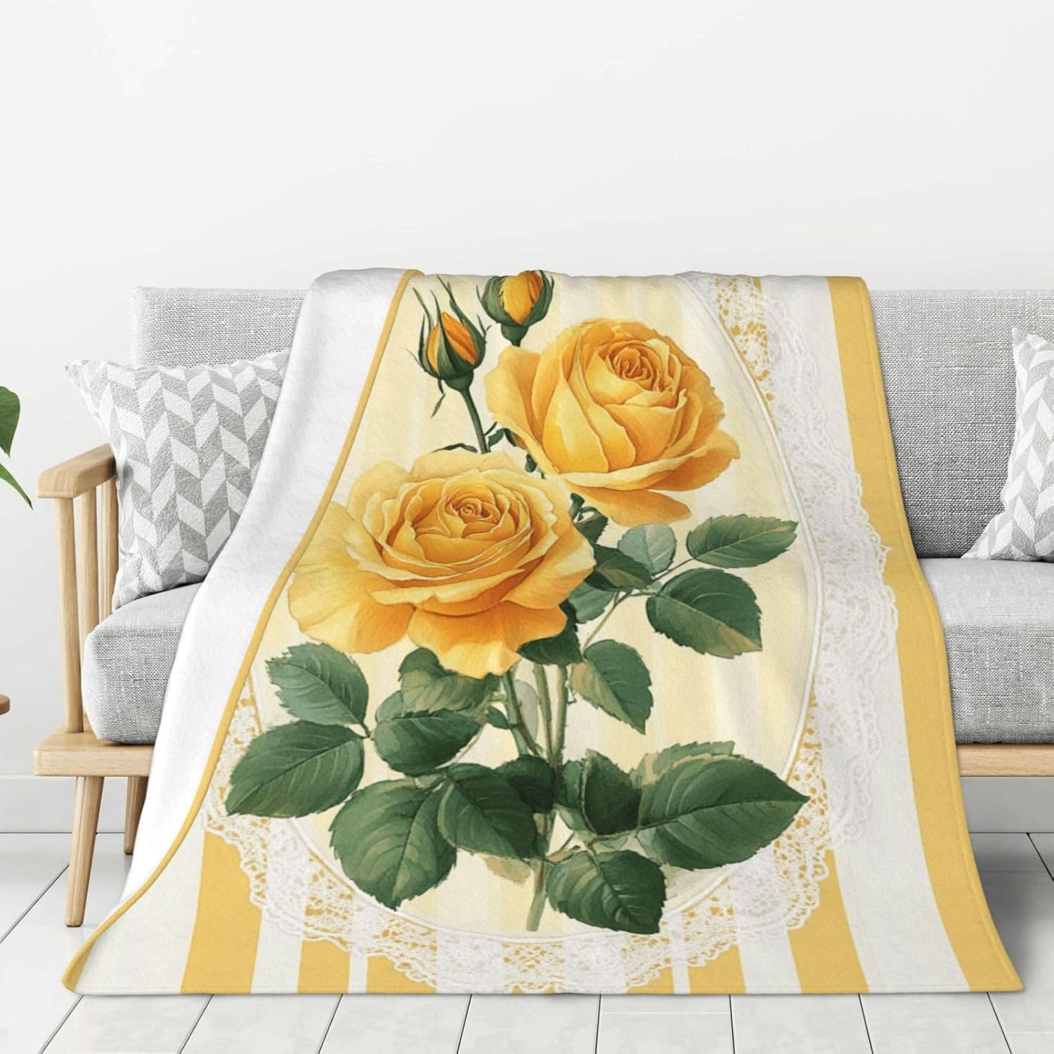Cafemira Flannel Throw Blanket,Striped Background & Yellow Roses,Warm Fleece Blankets for Room,Couch,Dorm,Office nap,Camping,All Seasons,Cozy Durability,Practical Home Decor,80x60 Inch