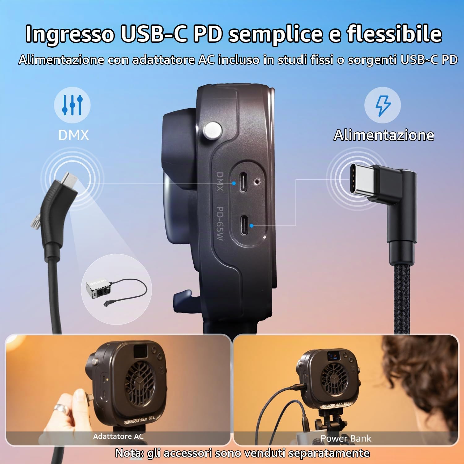 Amaran Halo 60x,luce led bicolore,illuminazione cob continua,faro video 63w,3270 lux,attacco Bowens,USB-C PD,controllo NFC,App illuminazione,DMX,studio,vlog,creatori contenuti,illuminazione continua