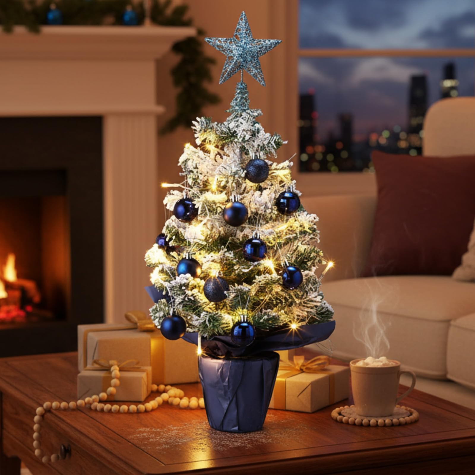 Sumind Mini sapin de Noël de table de 61 cm/0,6 m avec lumières LED, 24 boules de Noël, petit arbre artificiel vert pré-éclairé pour table de Noël, vacances d'intérieur (bleu marine, bleu marine)