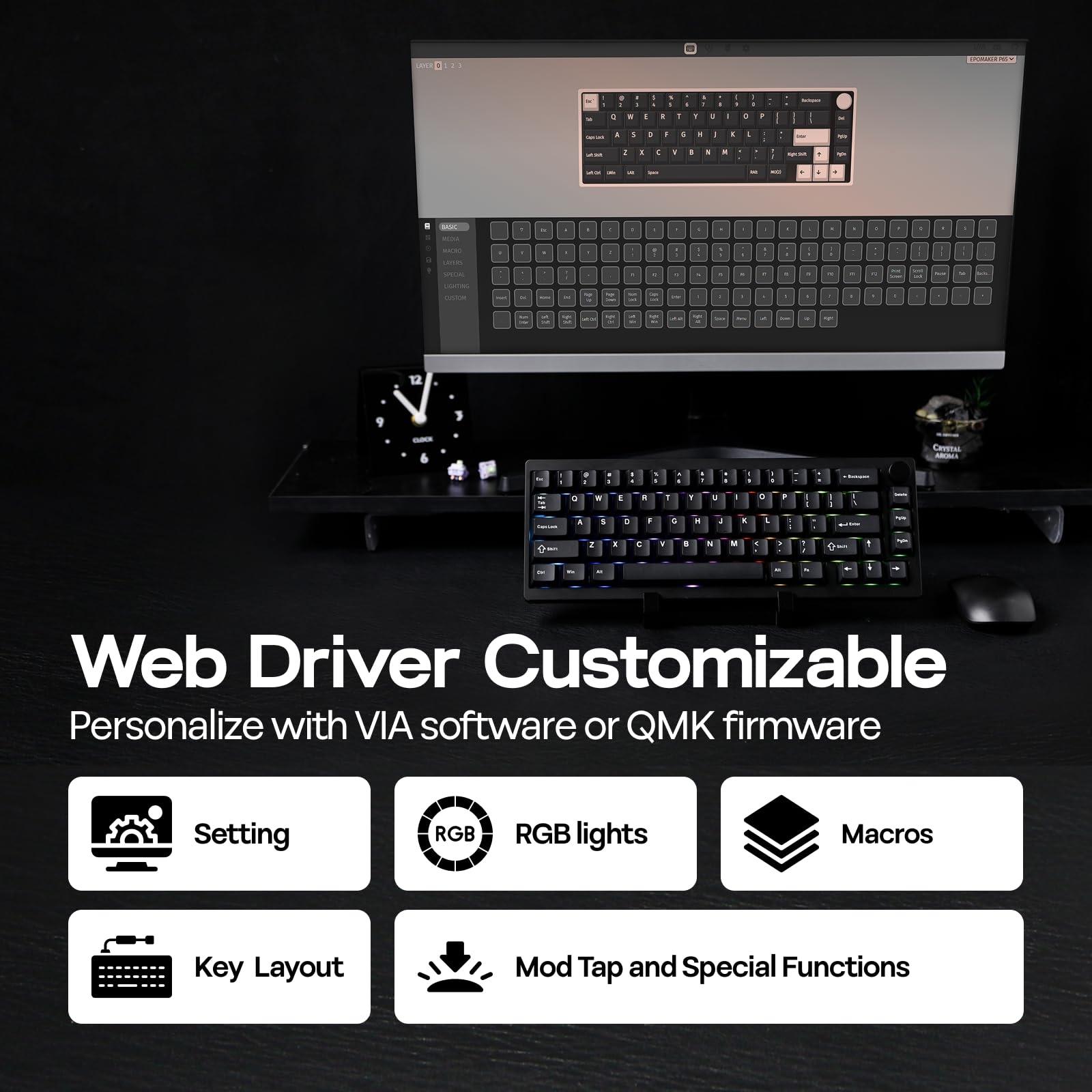 EPOMAKER P65 Teclado Inalámbrico para Juegos de Aluminio con QMK/Via, N-Key Rollover, Gasket, BT/2.4Ghz/USB(A a C), Hot Swappable, QWERTY US, para Mac/PC/PS/Xbox (Negro, Wisteria Linear Switch)