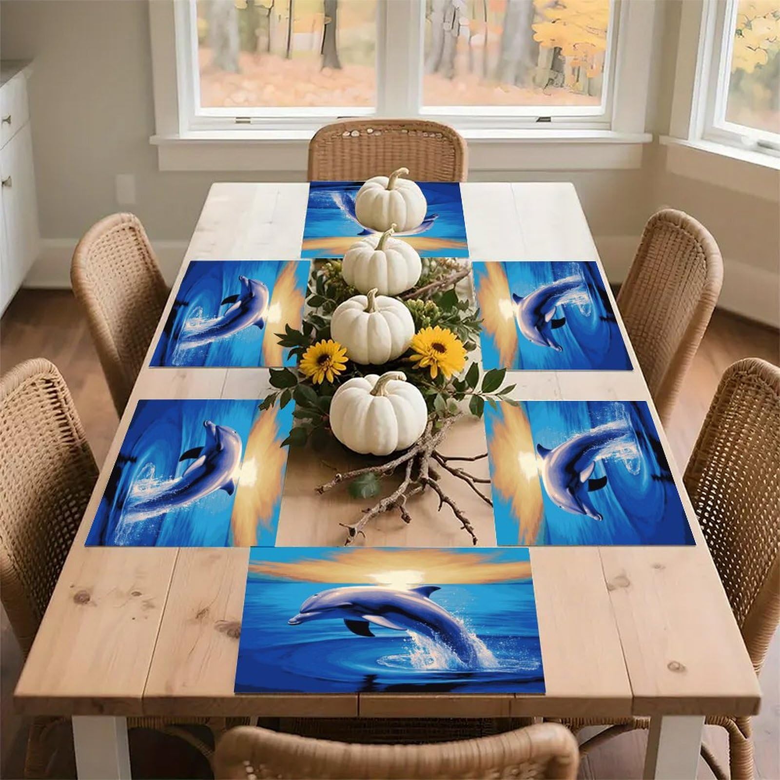 Elegant Dolphin Placemats Heat-Resistant Washable Place Mats Anti Slip Dining Table Place Mats Wipeable Dining Table Mats Kitchen Decoration Placemats 17.7’’×11.8’’