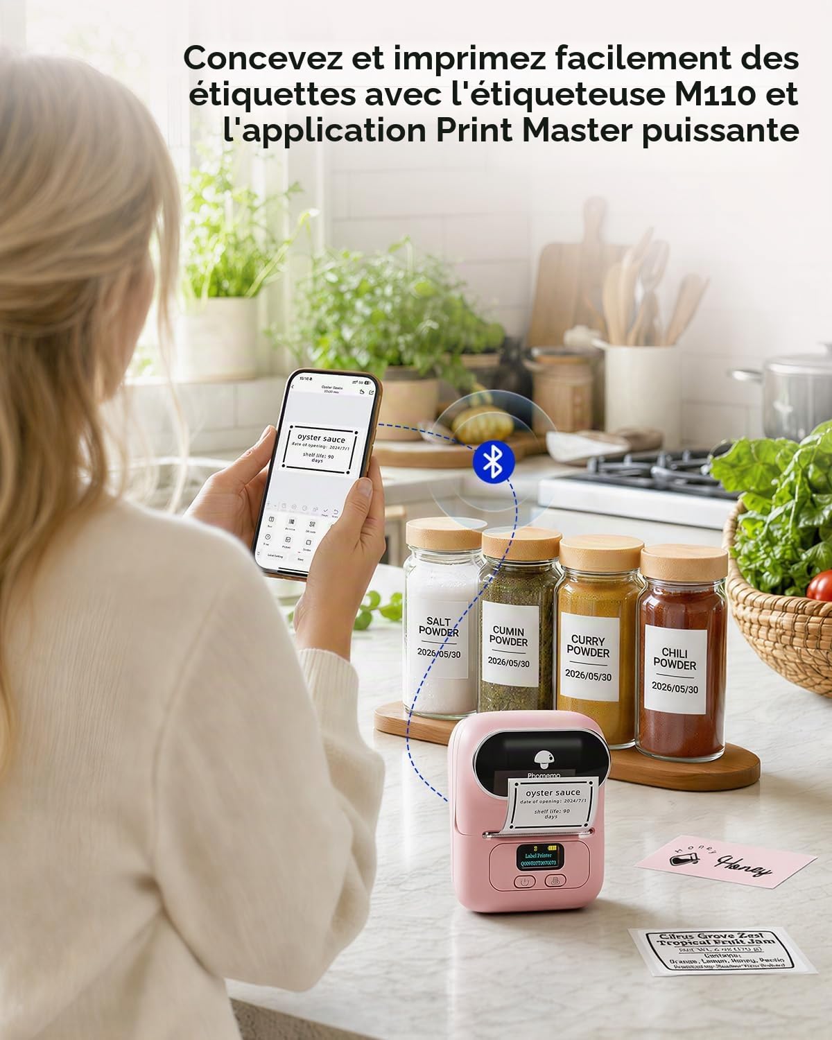 Phomemo M110 Étiqueteuse - Imprimante Code Barres Mini Étiqueteuse Bluetooth Imprimante d'Étiquettes Thermique, Imprimante Portable, Convient pour Vêtements, Supermarché, Vente au Détail, Rose