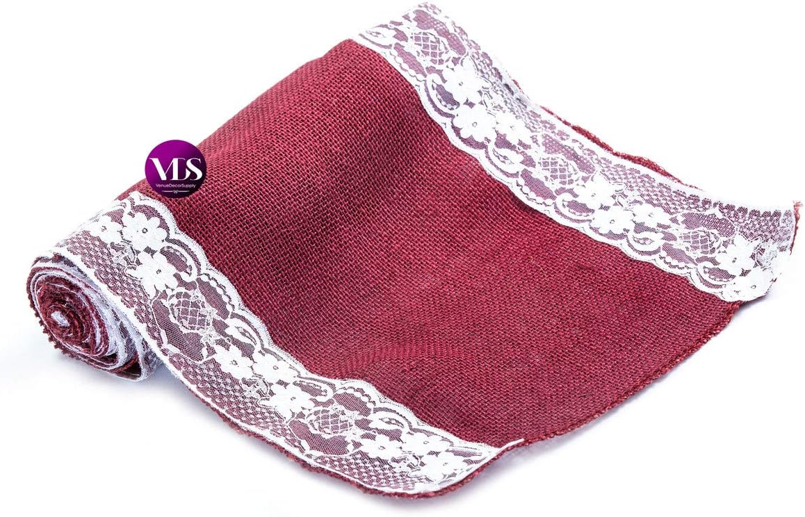VDS Pack of 12, Burlap Table Runner with White Lace Edge, 100% Natural Jute Rustic Hessian Table Cloth Centerpiece for Wedding Birthday Party Banquet Table Decoration (Size 12X108 Inch)(Maroon)