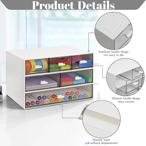 Miniatura 4 de Organizador de escritorio apilable de 3 niveles con 6 cajones, cajones de plástico de almacenamiento de escritorio, almacenamiento de maquillaje