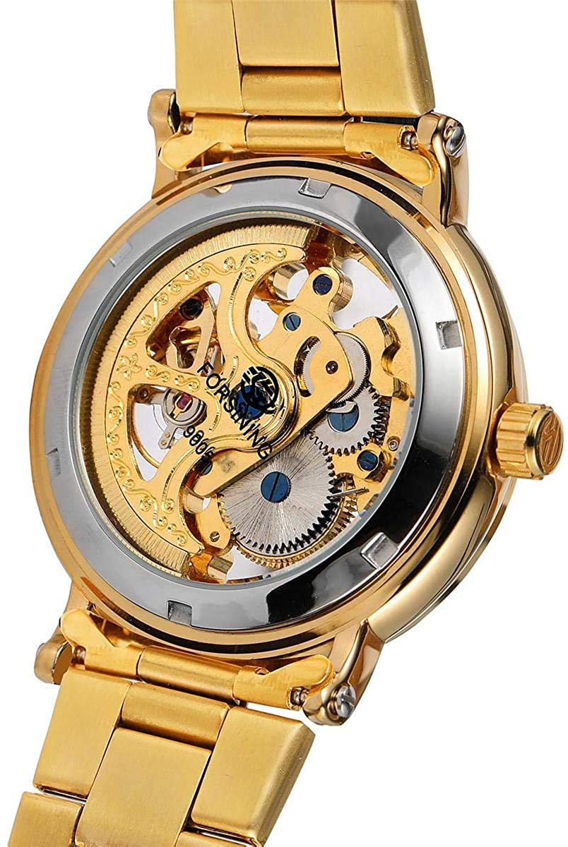 MASTOP Orologio da uomo meccanico automatico, in acciaio inox, a carica automatica, con scheletro, numeri romani