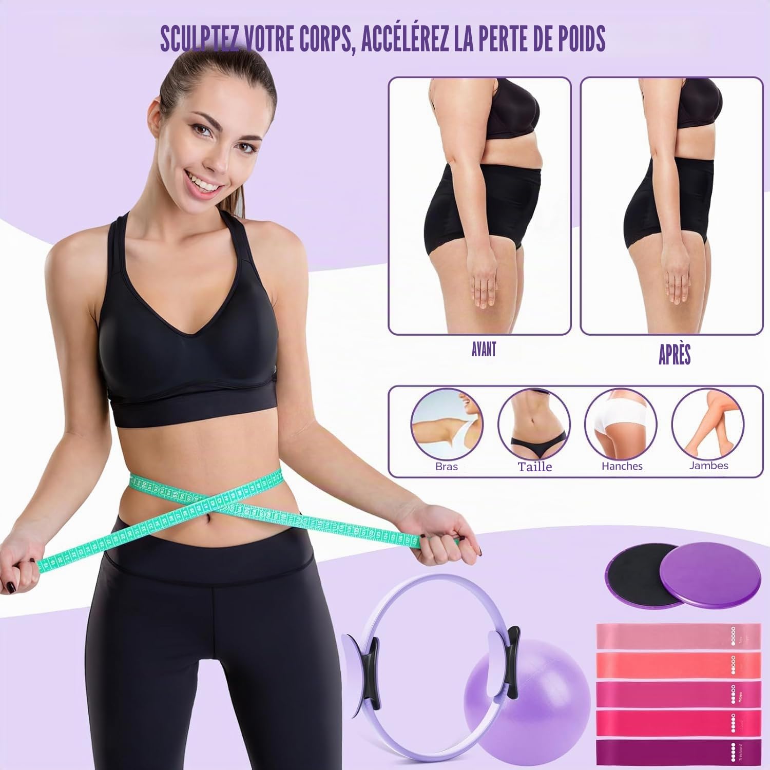 Ensemble de bagues Pilates Essential Kit avec Magic Circle 32 cm, Ball, Bänder, Sliding Disks & Training Poster pour fitness à la maison