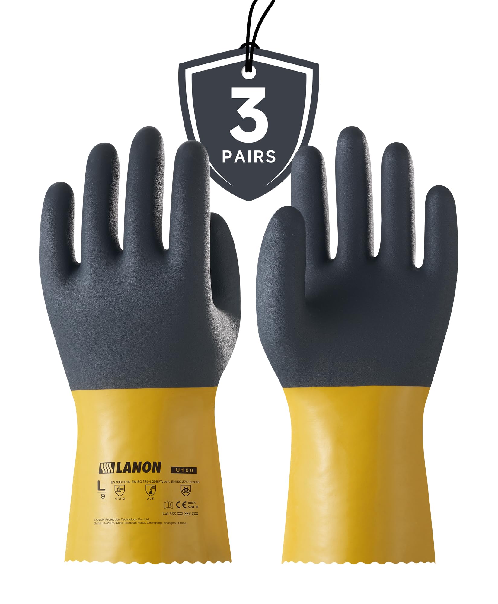 LANON - 3 paia di guanti in PVC resistenti agli agenti chimici, riutilizzabili, resistenti, protezione da acidi, alcali e olio, EN 374/388, antiscivolo, taglia XL