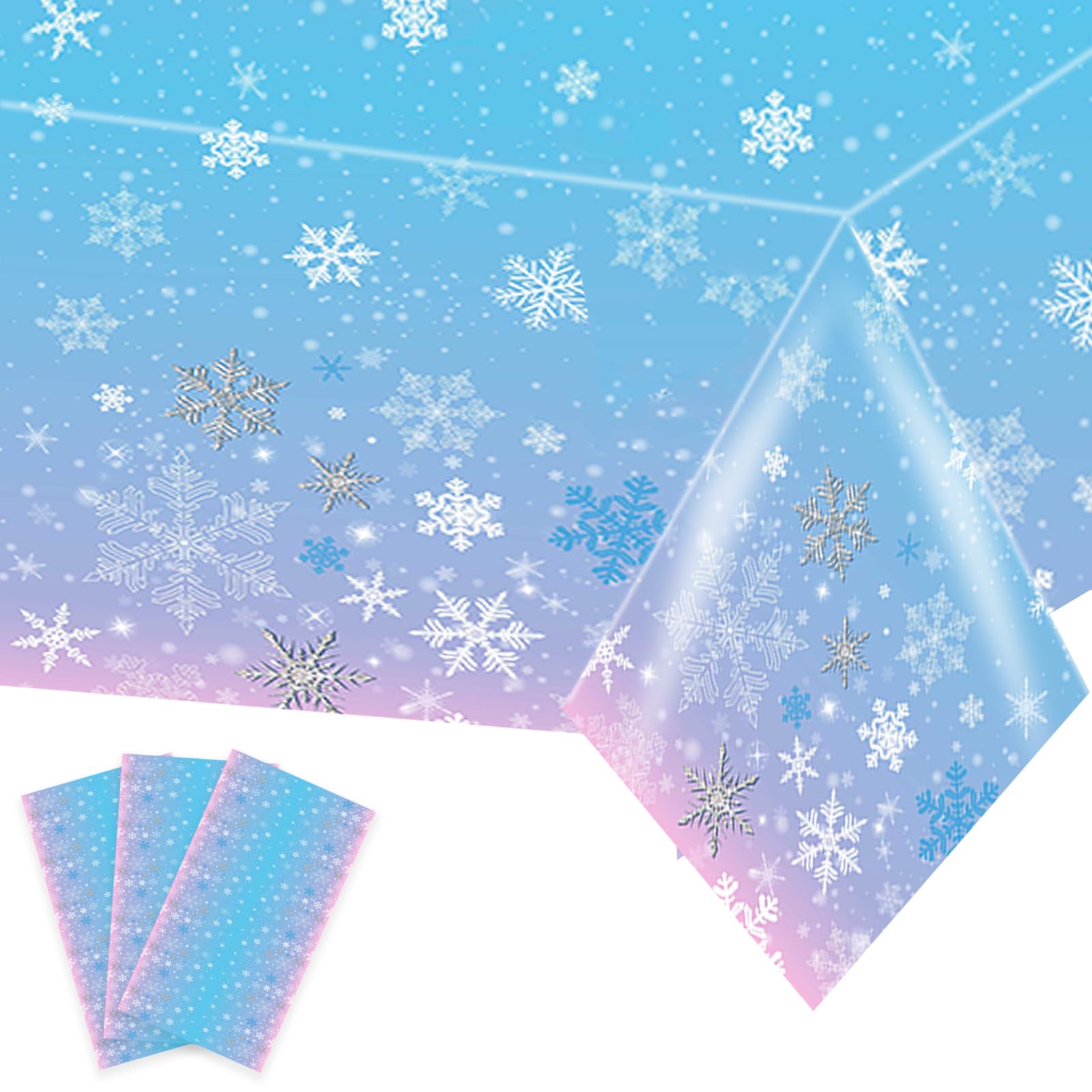 Kesfey 3 Packs Christmas Snowflake Tablecloth 51 x 87 Inch Winter Frozen Wonderland Table Cover Disposable White Snowflake Plastic Table Cloth Blue and Pink Snowflake Tablecloths for Christmas Party
