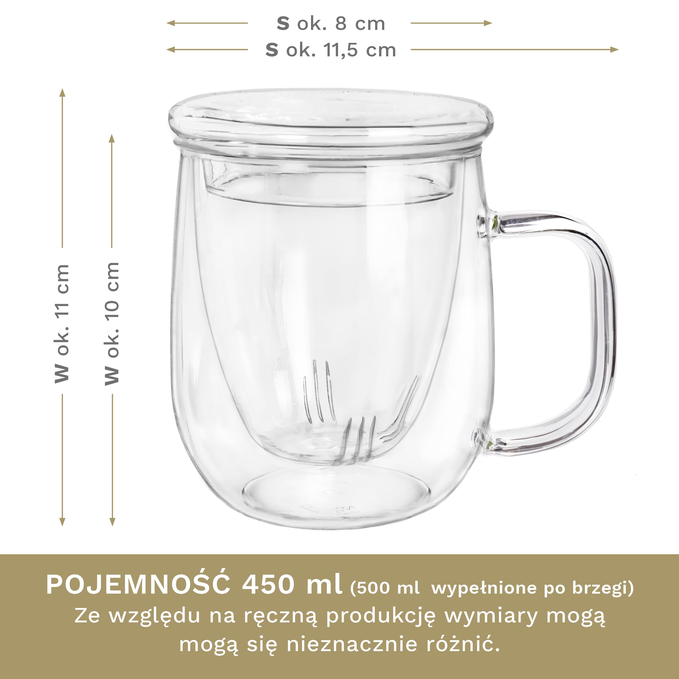 Creano Szklanka Herbaty 450 ml – Duża Filiżanka z Sitkiem i Pokrywką ze Szkła – Idealny Zaparzacz