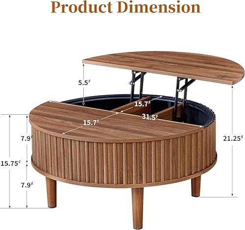 Miniatura 2 de Mesa auxiliar redonda con almacenamiento, mesas de centro modernas acanaladas de mediados de siglo, espacio pequeño, mesa central de madera de 31.5