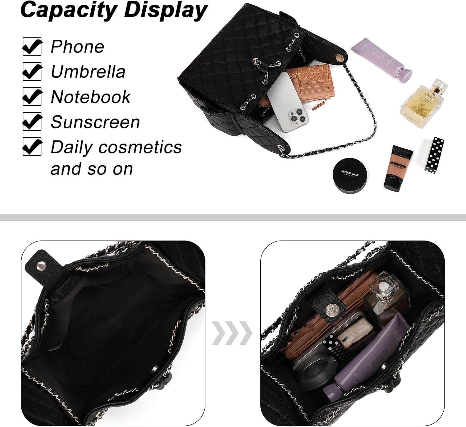 Quilted Purse for Women, Vegan Leather Shoulder Tote Bag with Chain Strap Designer Top-Handle Bags Small Satchels Handbags | Stylish Design, Practical Size, Multiple Pockets, Spacious Capacity, Convenient Access, Quality Materials - Image 7