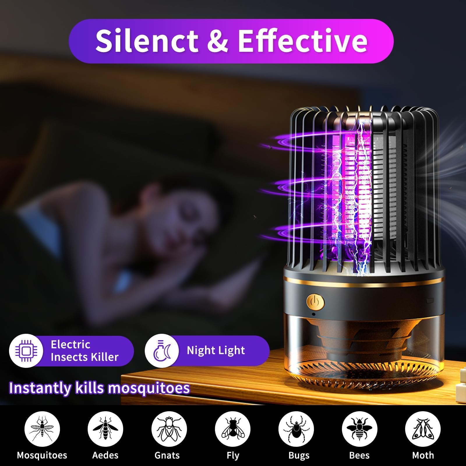Insektenvernichter Elektrisch – 4200V Mückenlampe mit UV-Licht, USB elektrische Fliegenfalle, kompakt mit Reinigungsbürste & Aufhängehaken für Camping/Garten/Balkon/Schlafzimmer-Mückenvernichter-Lampe