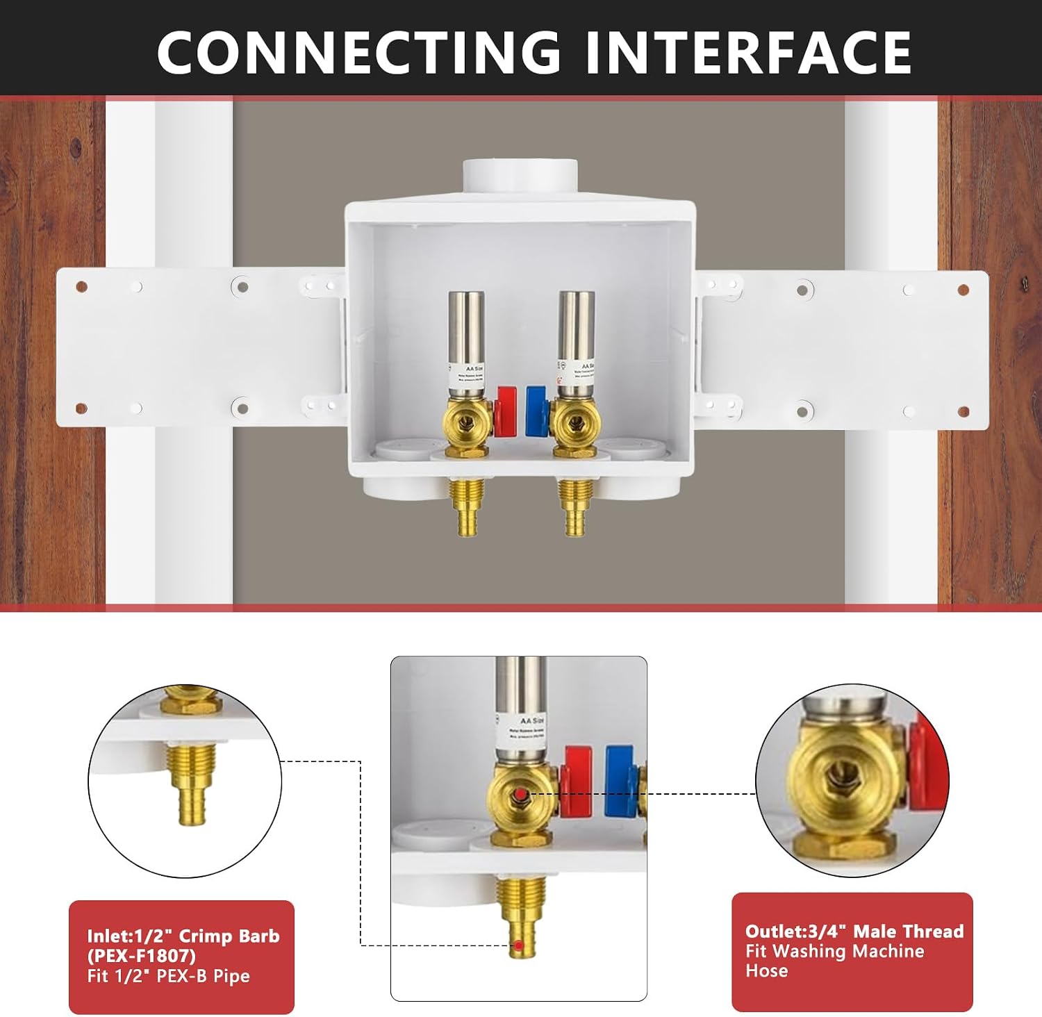 EFIELD Double Drain1/2 Inch PEX Crimp Connection x 3/4 Inch MHT Washing Machine Outlet Box with Stainless Steel Water Hammer Arrestor,(WM046)