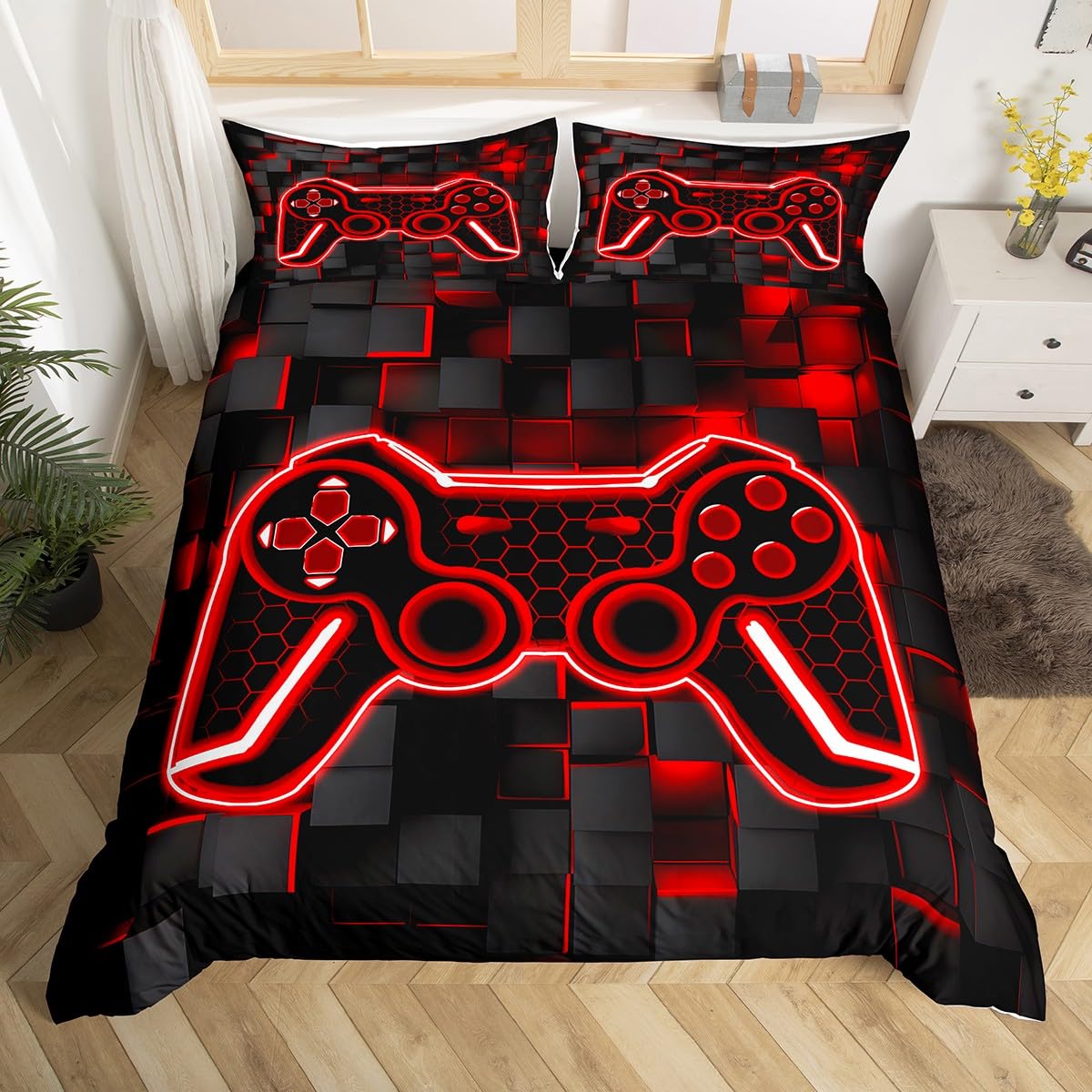 Kids Gamer Bedding Set King Size Red and Black Bedding Duvet Cover Set For Boys Teens Decor Gaming Ombre Comforter Cover Set Geometric Square Bedspread Cover 3Pcs