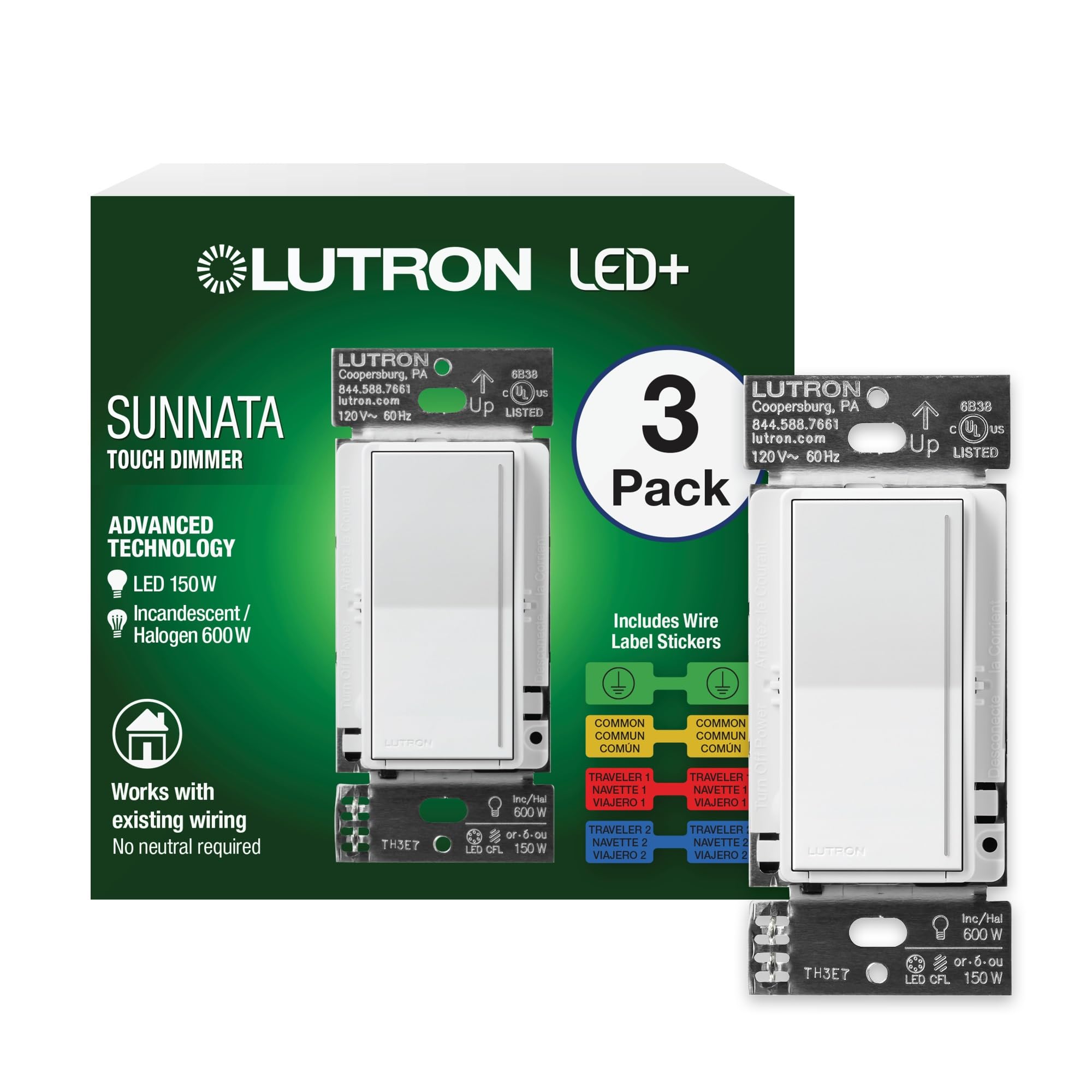 Photo 1 of Lutron Sunnata Touch Dimmer Switch with LED+ Advanced Technology | for LED and Incandescent, 3 Way/Multi Location, with Wire Label Stickers | STCL-153MS-WH-3 | White (3-Pack) White 3 Pack Multi-Location Dimmer