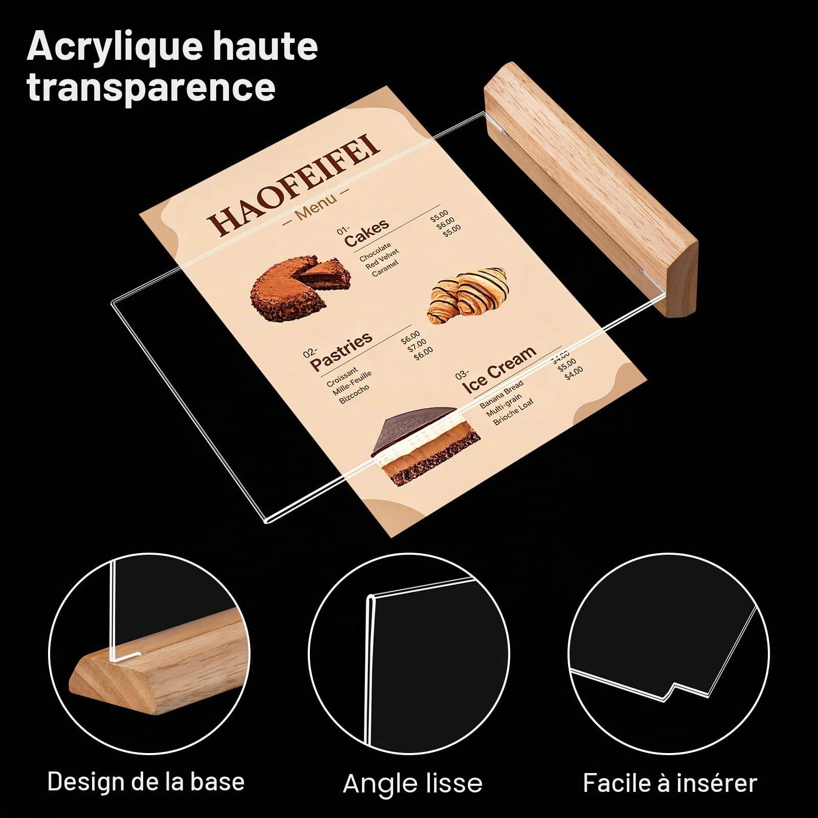 Lot de 5 Présentoir Acrylique A4 avec Socle en Bois, Porte-Menu A4 Double Face, Support Menu de Table T-Forme pour Restaurant Café Hôtel Bar, Insertion Facile Format Portrait