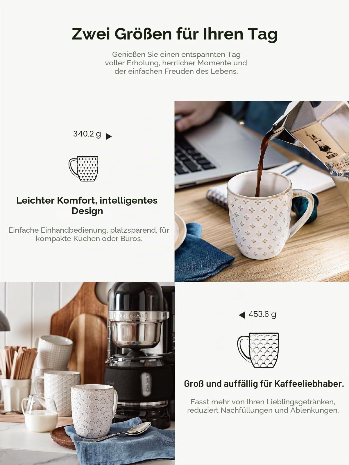 LE TAUCI Kaffeetassen Set, 473 ml, Keramiktassen Kaffeebecher, Prägetassen Große Tassen für Latte, heißen Tee, Cappuccino, 4 Stück, Arktisweiß