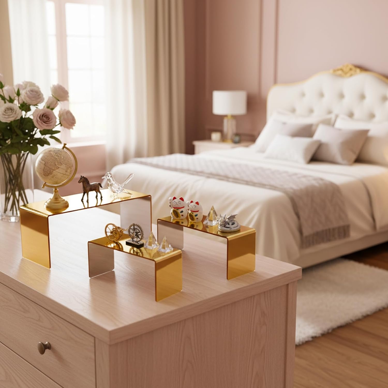 Chuangdi 2 Sets Acrylic Display Risers, Product Stand, Jewelry Display Riser Shelf Showcase Fixtures for Dessert Cupcake Candy Figure Treat Action Showcase (Gold,Large Set) - Image 7