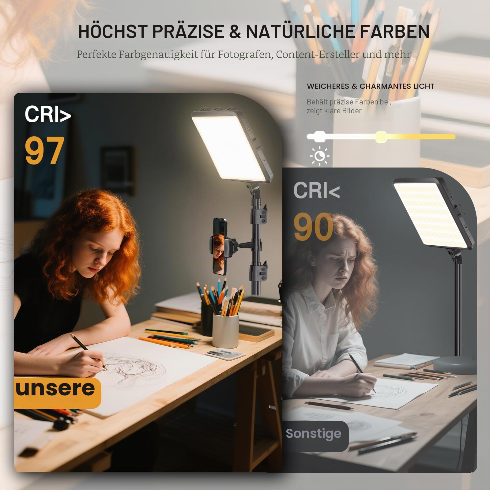 NiceVeedi 2 Stück LED VideoLicht Set, 2800–6500K, Dimmbar, Kontinuierliche Fotografie-Beleuchtung mit 1.6m Stativständer und Handyhalterung, Studio-Licht für Videoaufnahmen, YouTubee (15W)
