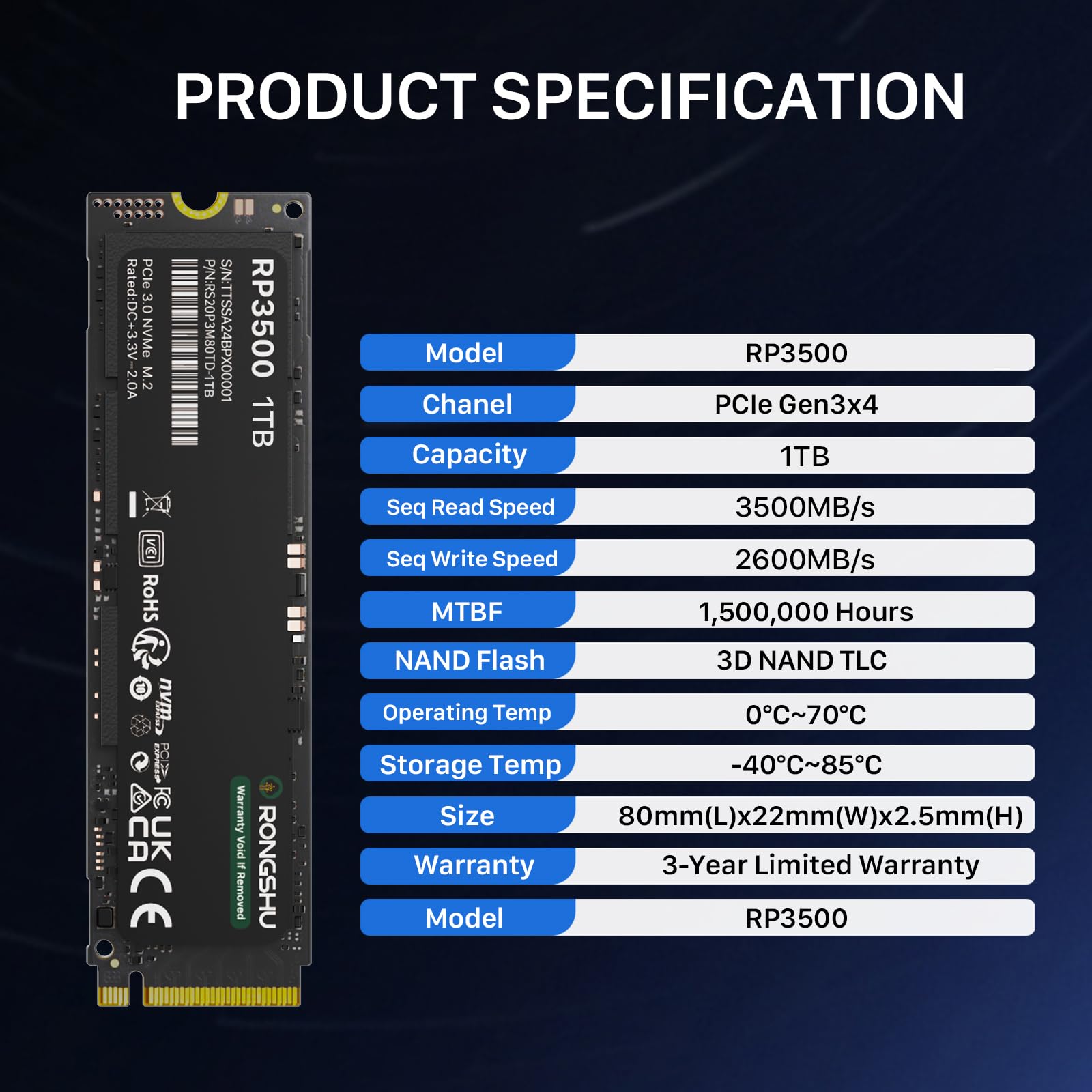 SSD NVMe M.2 PCIe 3.0×4 1To, Lecture Jusqu'à 3 500 Mo/s, Format M.2 2280, Disque Dur Interne TLC NAND 3D avec Cache SLC - Compatible Ordinateurs Portables et PC de Bureau