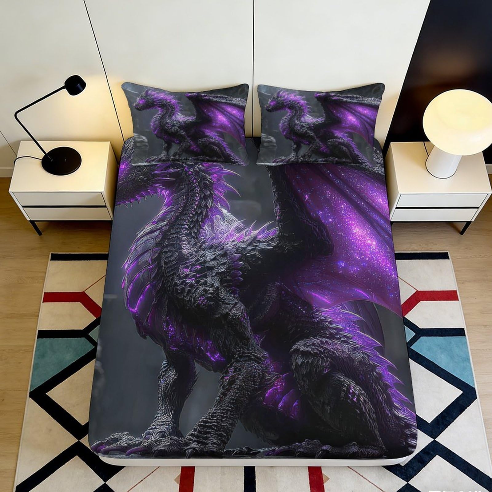 Uxinyoume Style-1 3D Printed Purple Dragon Fitted Sheet Microfiber Soft Breathable Fantasy Night Mattress Cover For Bedroom Dorm Decor 90X200x25cm