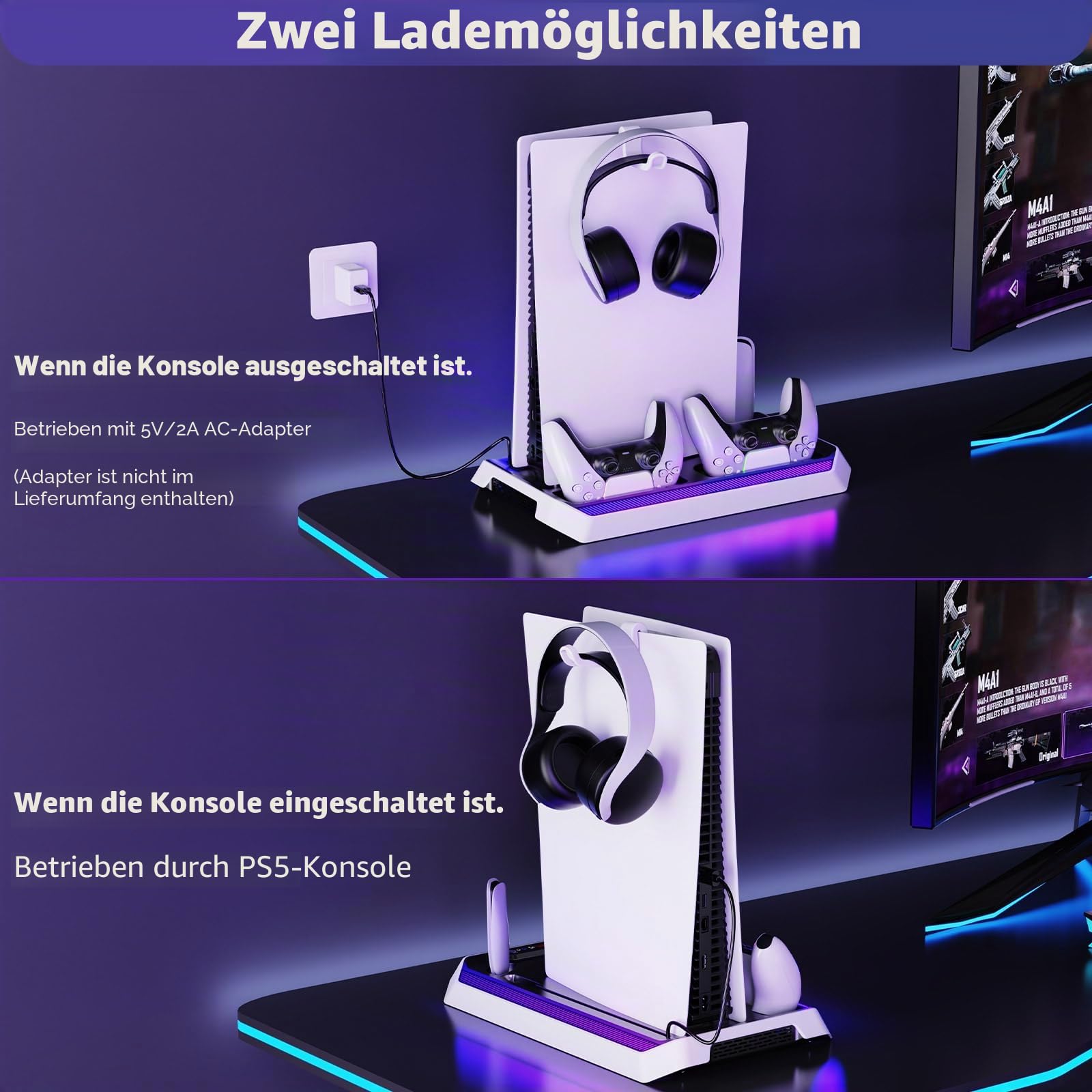 JORREP Ladestation für PS5/Slim/Pro Stand und Controller Ladestation für PS5 Konsole mit Lüfter, Dual Controller Ladegerät,Kühlständer,Headset Halterung, PS5/Slim/Pro Zubehör