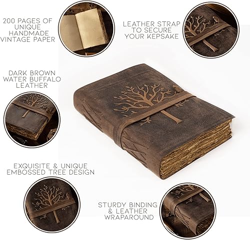 Miniatura 3 de NomadCraftsCo. Diario de cuero vintage con diseño de árbol de la vida, encuadernado en cuero, papel antiguo, hermoso cuaderno de bocetos de cuero en