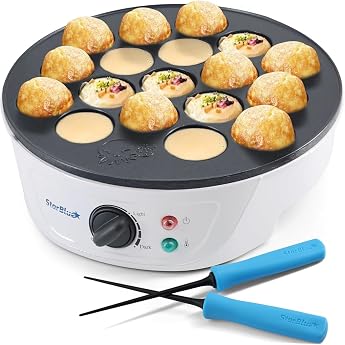 StarBlue Takoyaki Maker Machine with Free Takoyaki Picks, Temperature Control, 18 Holes, Electric Pan for Japanese Octopus Ba