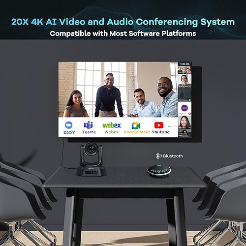 Miniatura 9 de TONGVEO Sistema de cámara de conferencia PTZ de seguimiento automático 4K AI con altavoz Bluetooth y micrófono, zoom óptico 20X, cámara de potencia