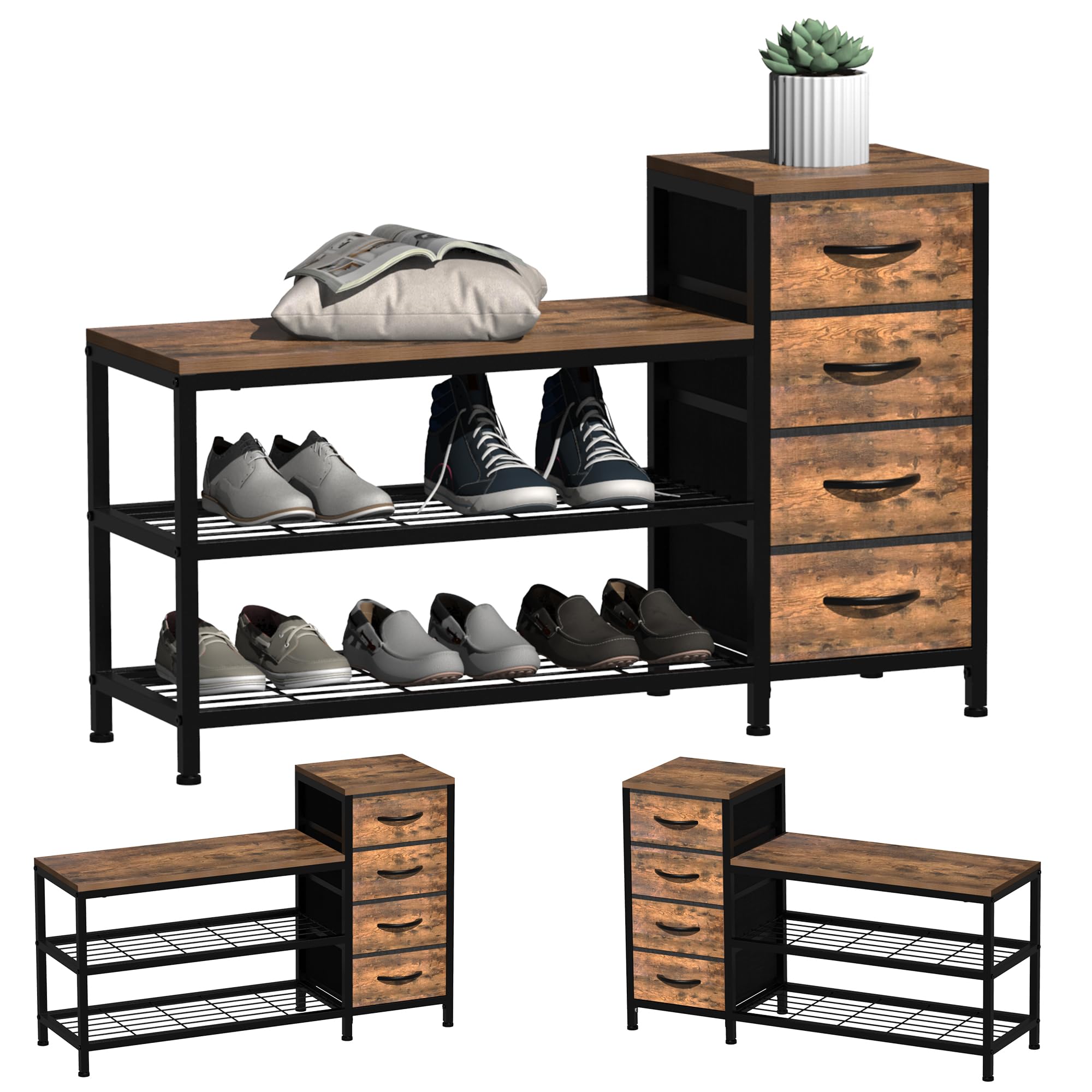 Zapatero de 3 niveles con 4 cajones y asiento con espacio de almacenamiento para pasillo, entrada, salón o pasillo, marco de metal y superficie de madera