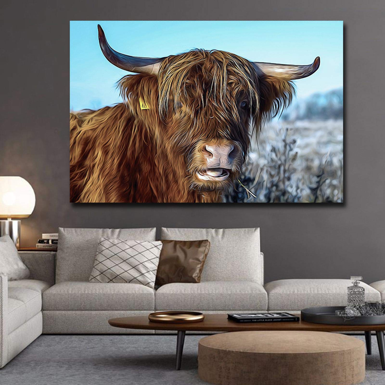 Yooyu Arte de la pared de la vaca Enmarcado Pintura abstracta de la lona Minimalismo Estampados de vacas peludas Cartel de toro imprimible animal para la sala de estar 80x140cm (31x55in) con marco