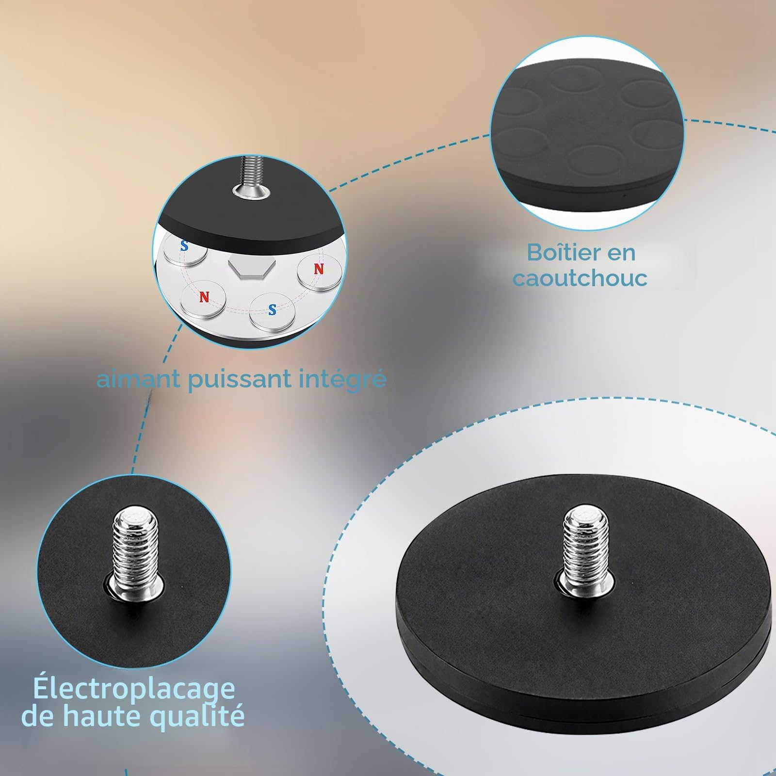 8 Pièces Aimants en Néodyme Caoutchouté, Ø43mm avec Boulon Fileté Extérieur M6, Systèmes Magnétiques à Force d'Adhérence avec Revêtement Caoutchouté, Aimants Puissants d'Adhérence Jusqu'à 17kg