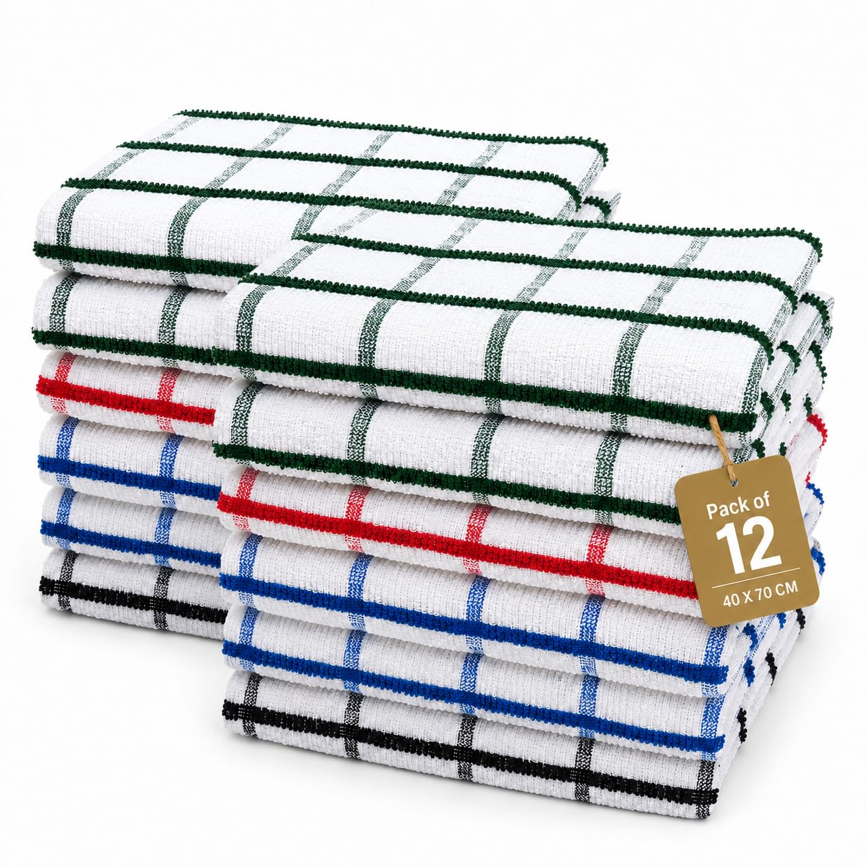 Gift Hub Kitchen Tea Towels Set, 100% Cotton Terry Cleaning Cloths | Highly Absorbent Big Check Towels for Drying Dishes & Glassware, Home Essentials | 40 x 70 cm, Assorted Colors - Pack of 12