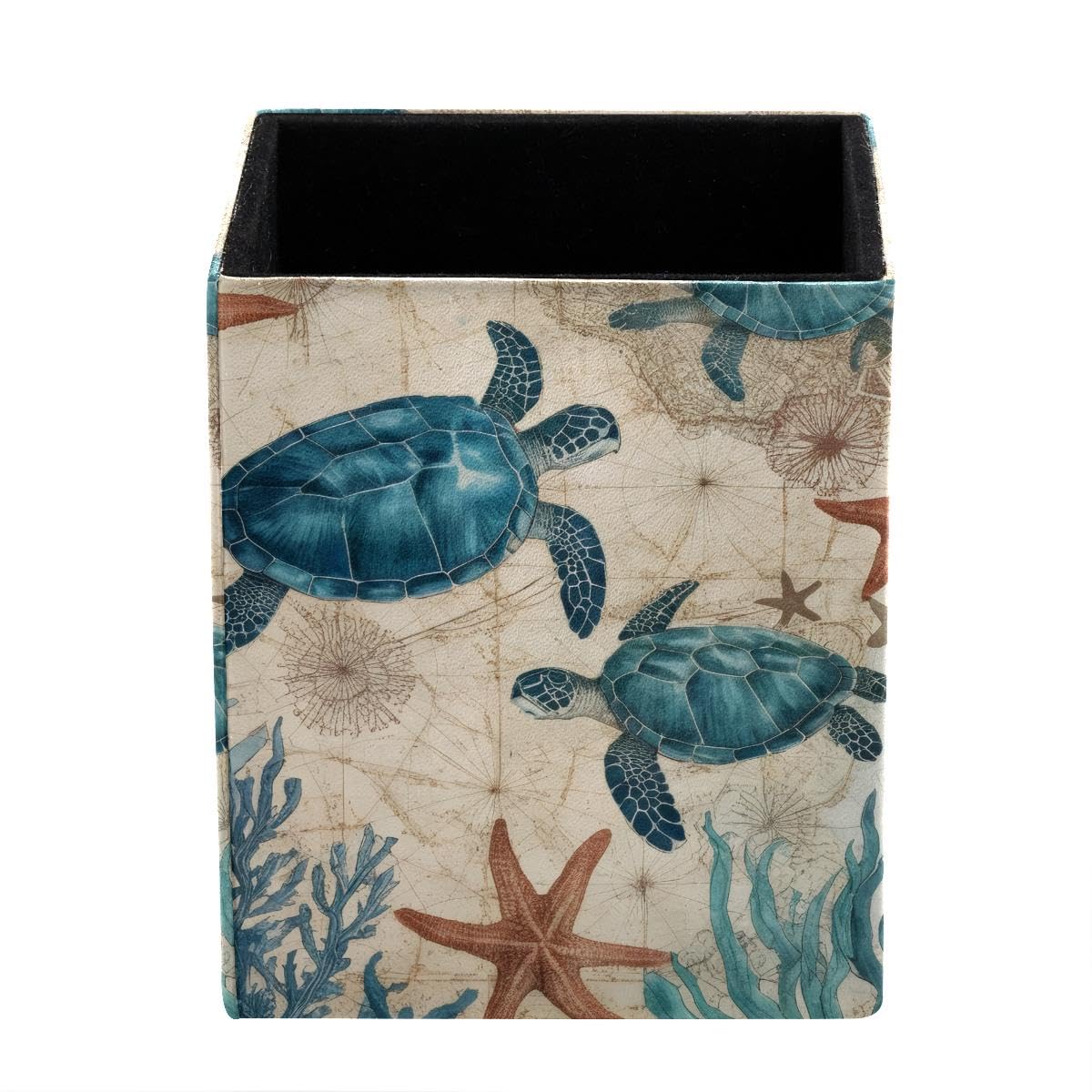 HEOEH Nautical Sea Turtles Pen Holder Pen Pot, Square Pencil Cup for Desk