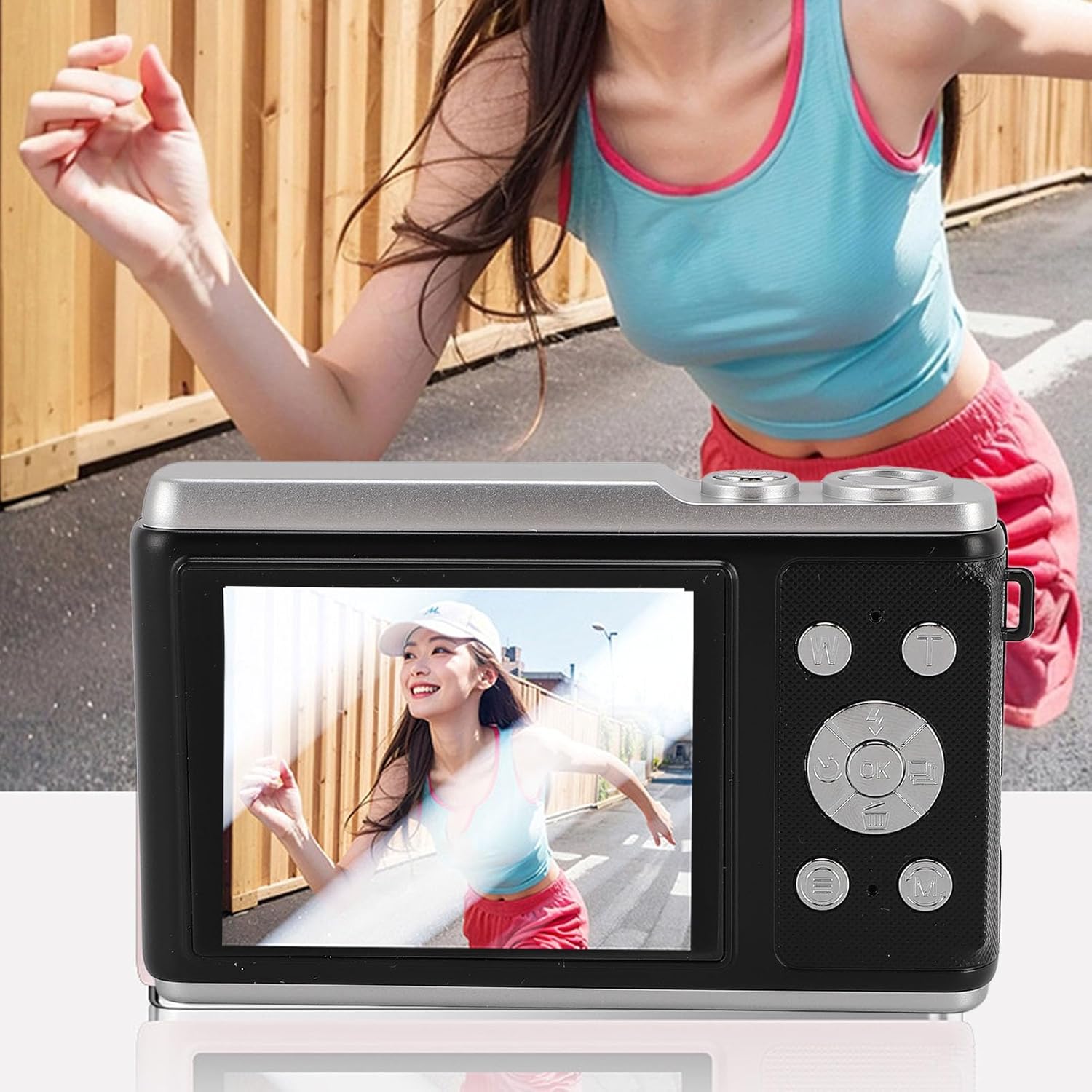Luqeeg 50MP 4K Compact Digital Video Camera displaying a dynamic image of a person running, suggesting its suitability for capturing action.